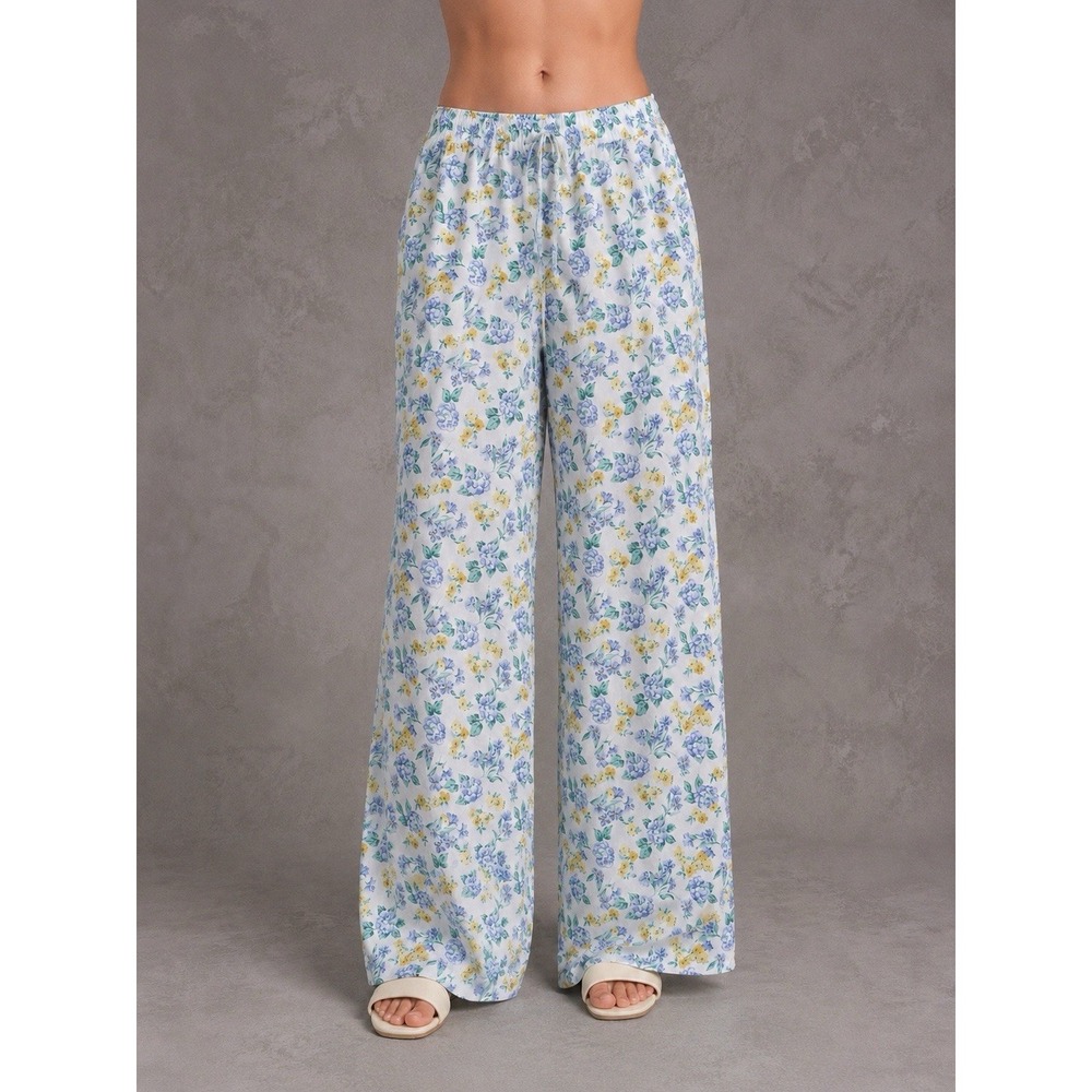 Frankies Daisy Poplin Pants Womens Small White Floral Wide Leg